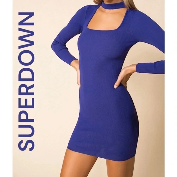 SUPERDOWN Jessica Cut Out Mini Dress Bodycon‎ Long Sleeves Indigo Large - Picture 1 of 12